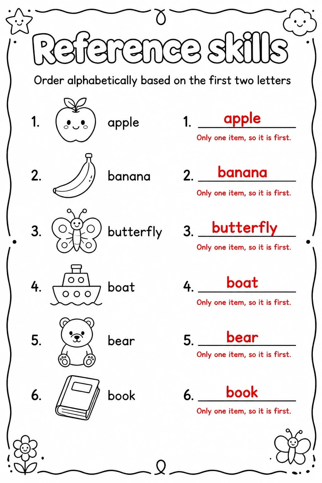 Answer key for Order alphabetically based on the first two letters — free printable English & Reading worksheet