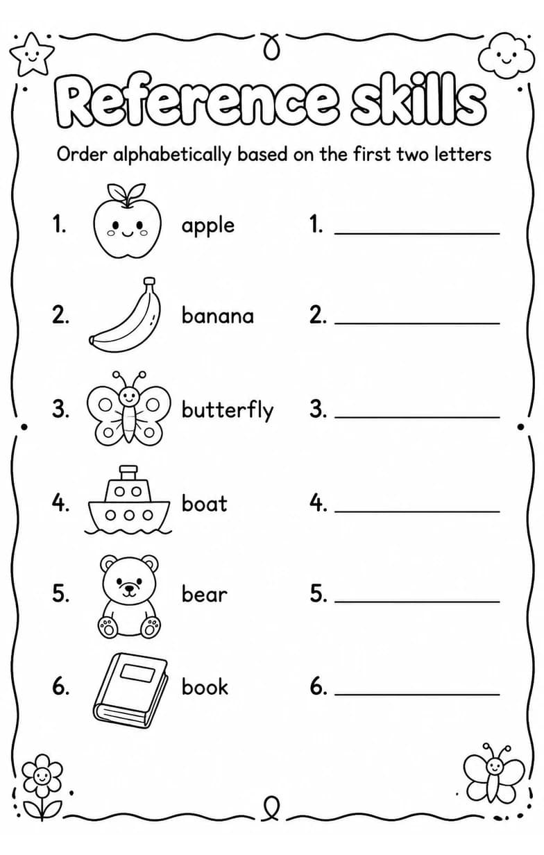Order alphabetically based on the first two letters — free printable Grade 2 English & Reading worksheet