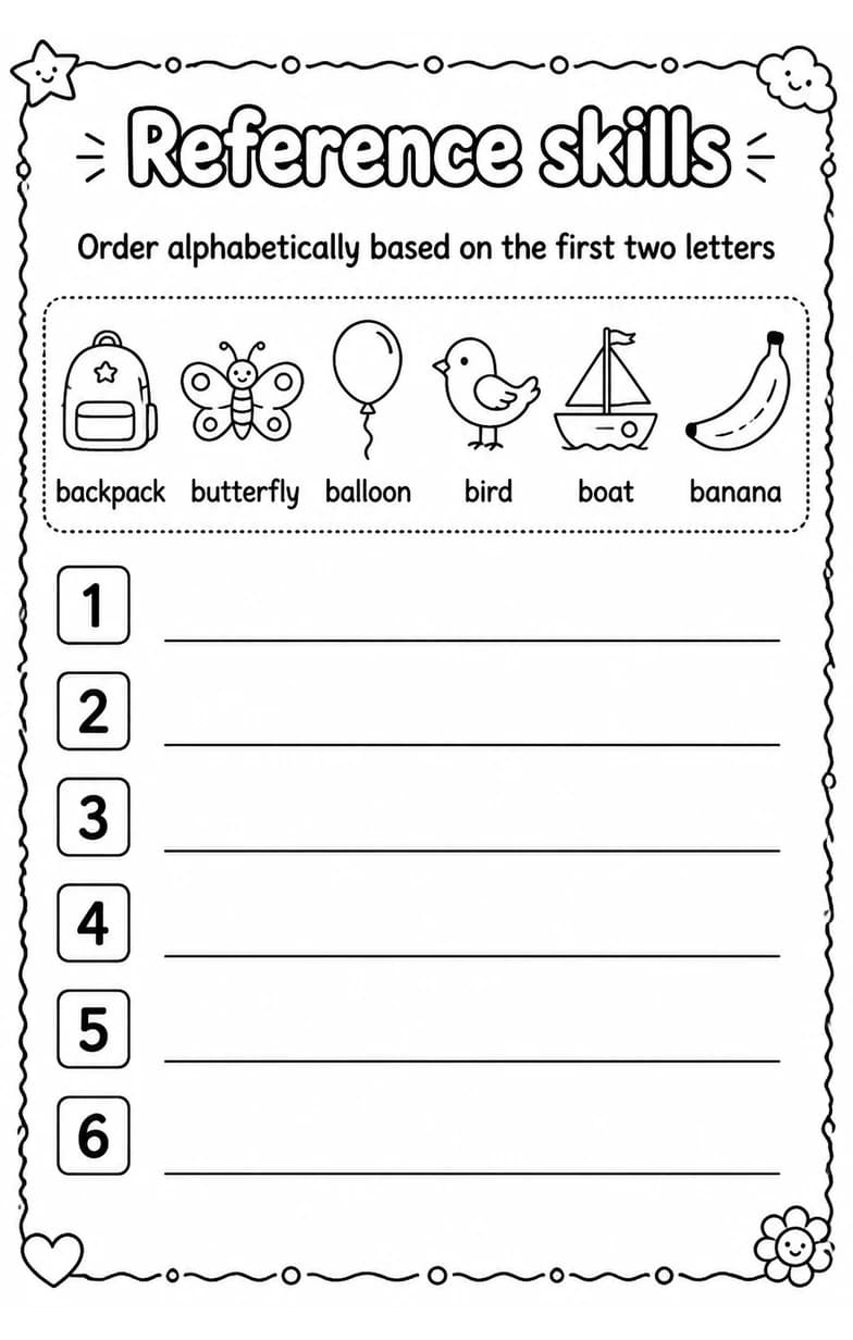 Order alphabetically based on the first two letters — free printable Grade 3 English & Reading worksheet