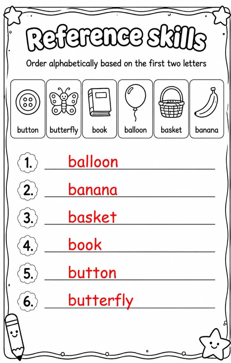 Answer key for Order alphabetically based on the first two letters — free printable English & Reading worksheet