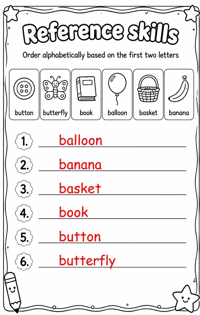 Answer key for Order alphabetically based on the first two letters — free printable English & Reading worksheet