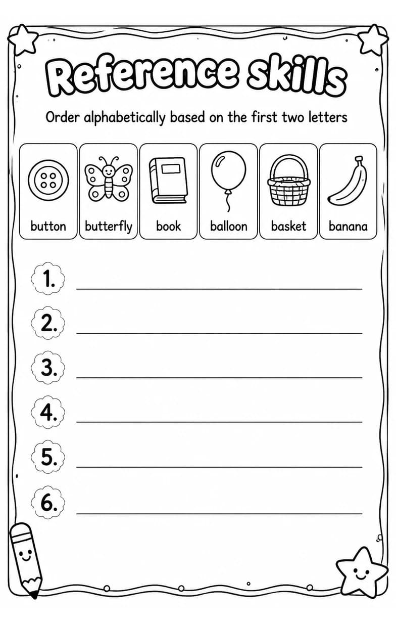Order alphabetically based on the first two letters — free printable Vocabulary English worksheet