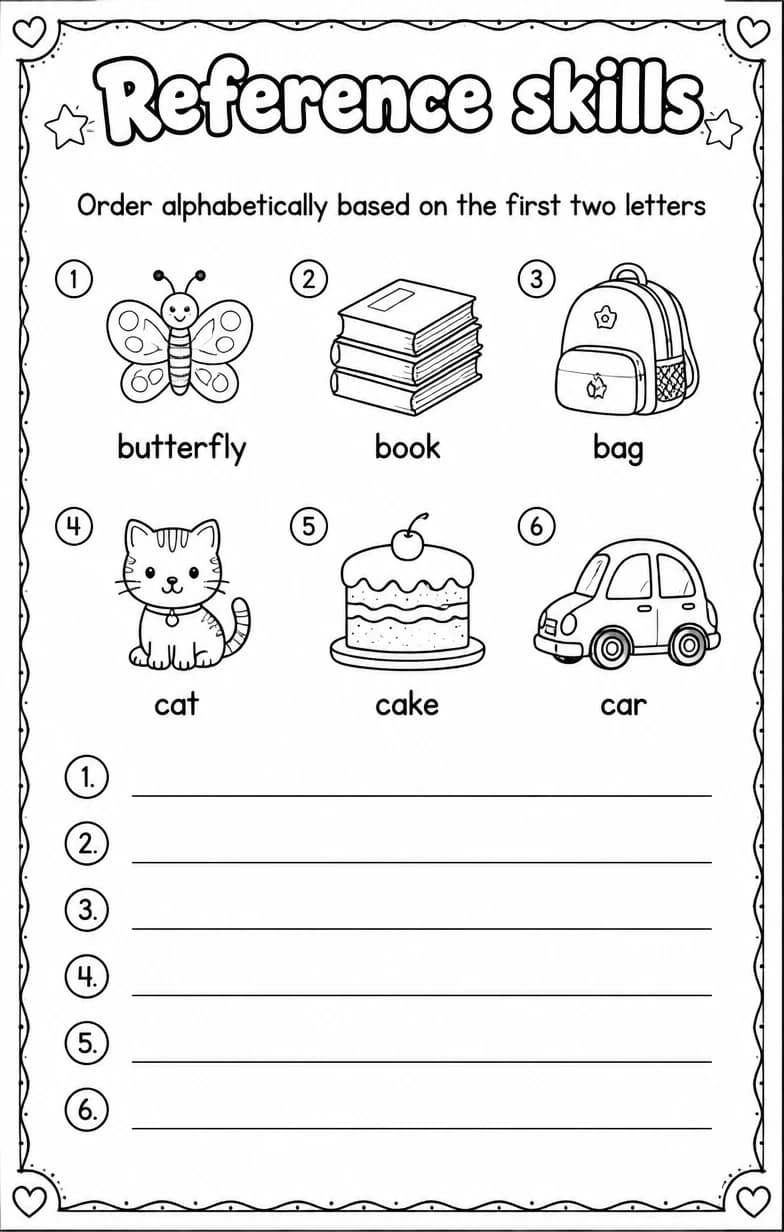 Order alphabetically based on the first two letters — free printable Vocabulary English worksheet