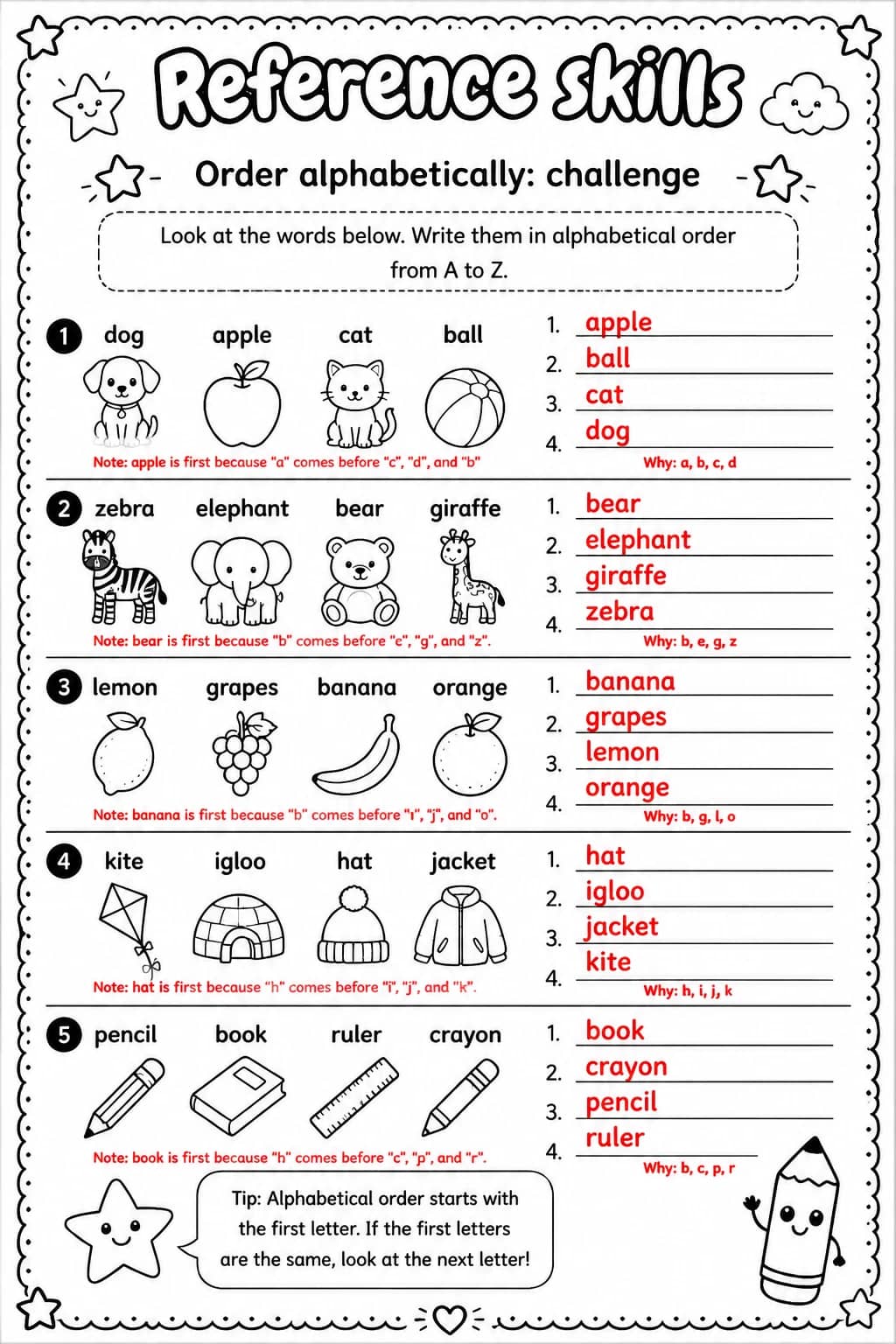 Answer key for Order alphabetically: challenge — free printable English & Reading worksheet