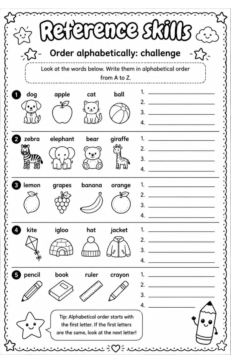 Order alphabetically: challenge — free printable Grade 3 English & Reading worksheet