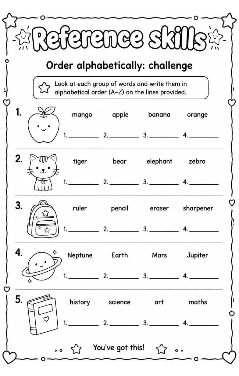 Order alphabetically: challenge — free printable Vocabulary English worksheet