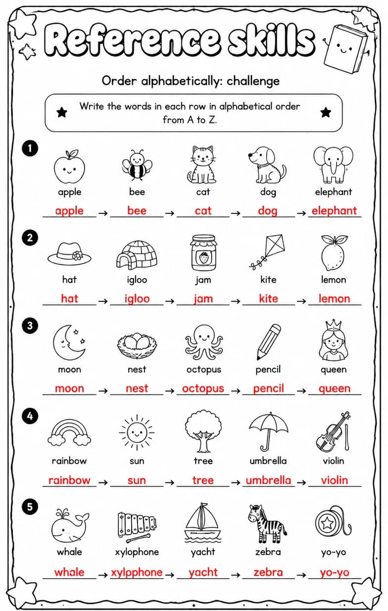 Answer key for Order alphabetically: challenge — free printable English & Reading worksheet