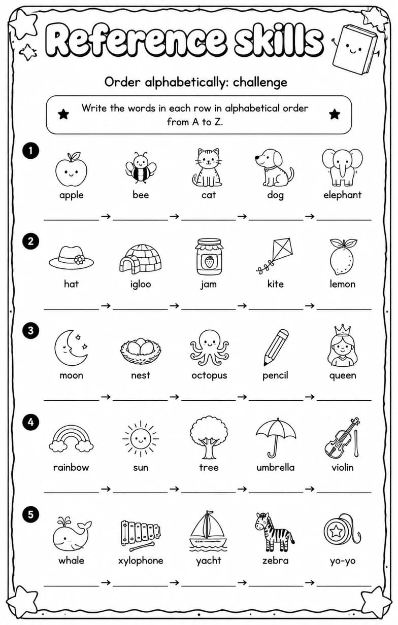 Order alphabetically: challenge — free printable Grade 5 English & Reading worksheet