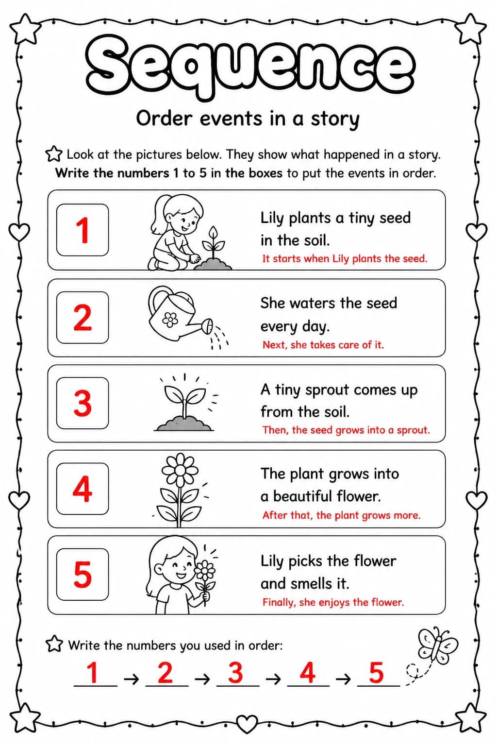 Answer key for Order events in a story — free printable English & Reading worksheet