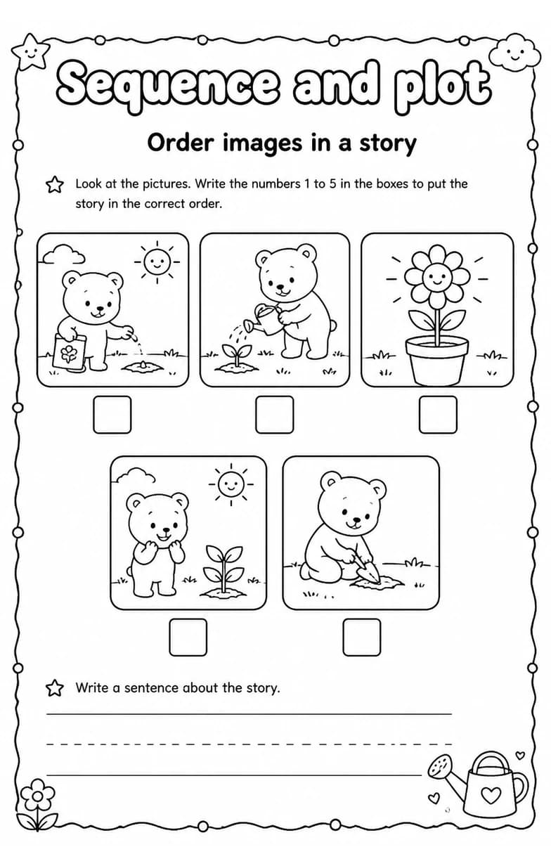Order images in a story — free printable Grade 1 English & Reading worksheet