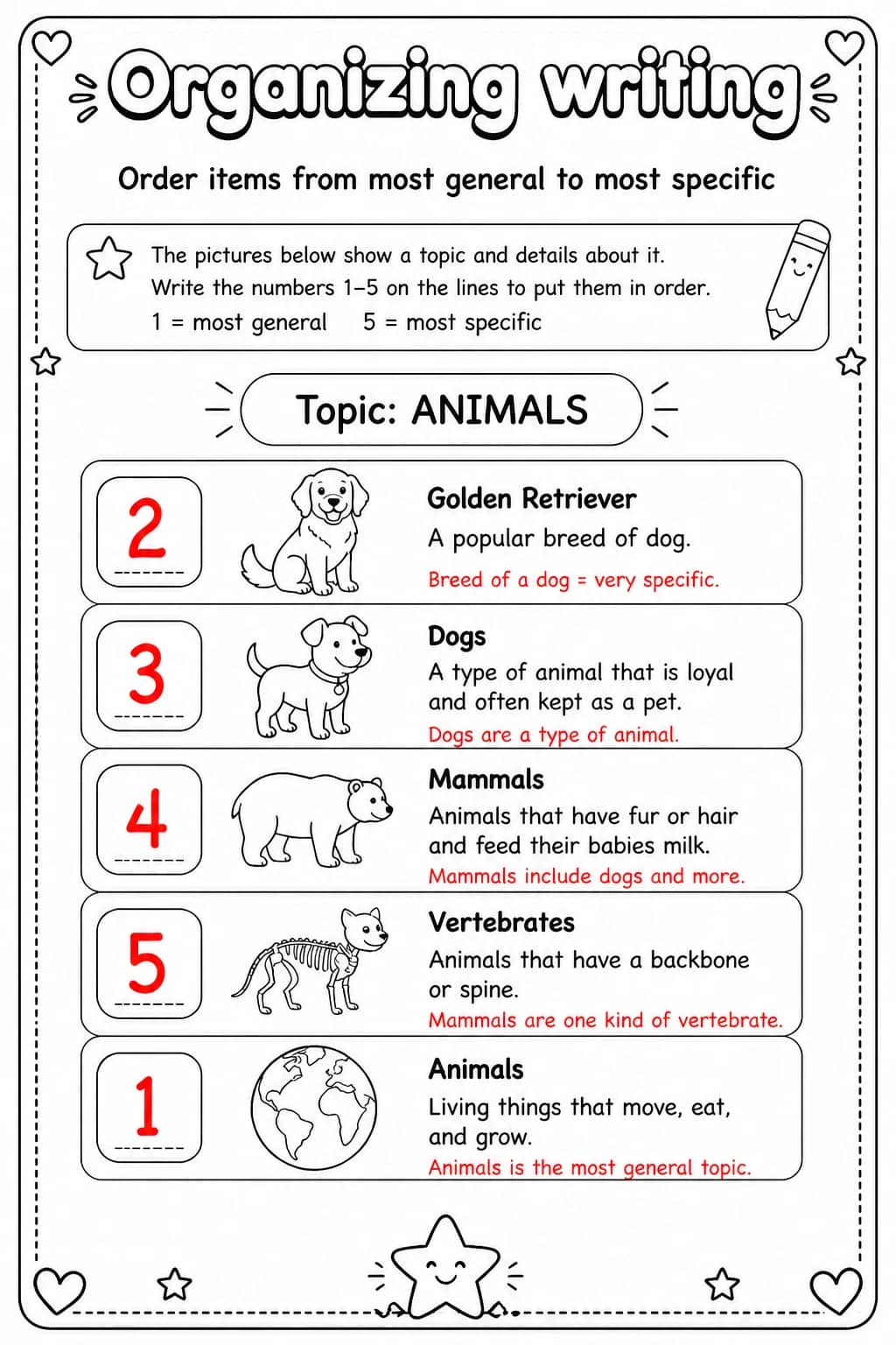 Answer key for Order items from most general to most specific — free printable English & Reading worksheet