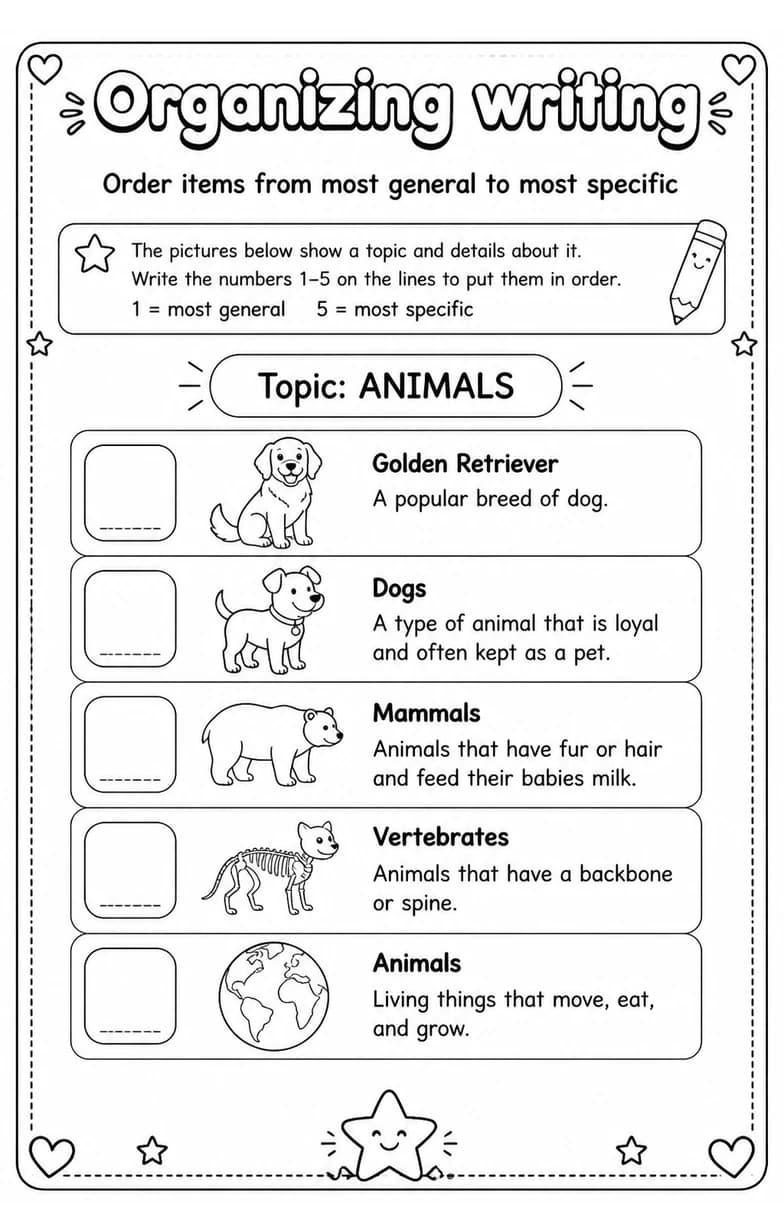 Order items from most general to most specific — free printable Grade 3 English & Reading worksheet