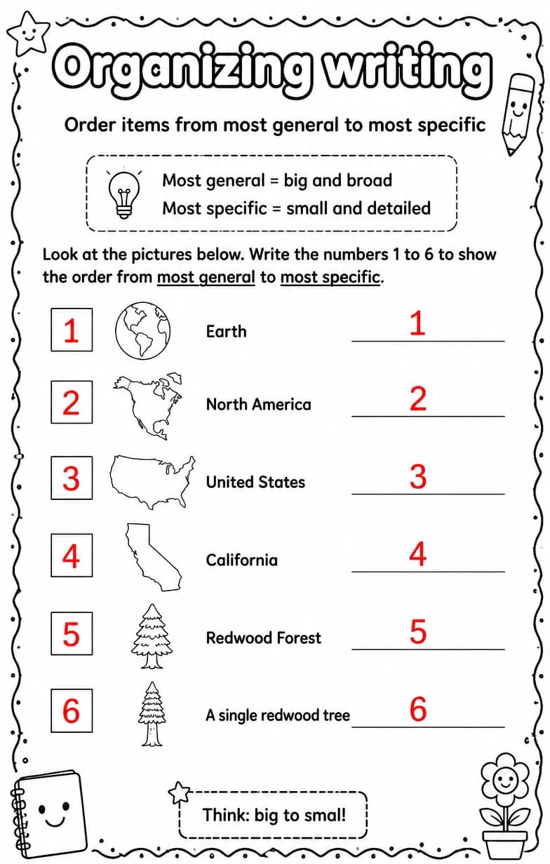 Answer key for Order items from most general to most specific — free printable English & Reading worksheet