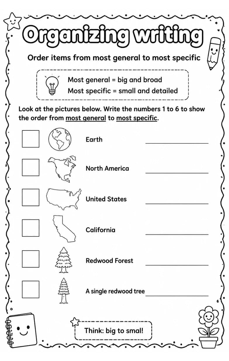 Order items from most general to most specific — free printable Writing strategies English worksheet