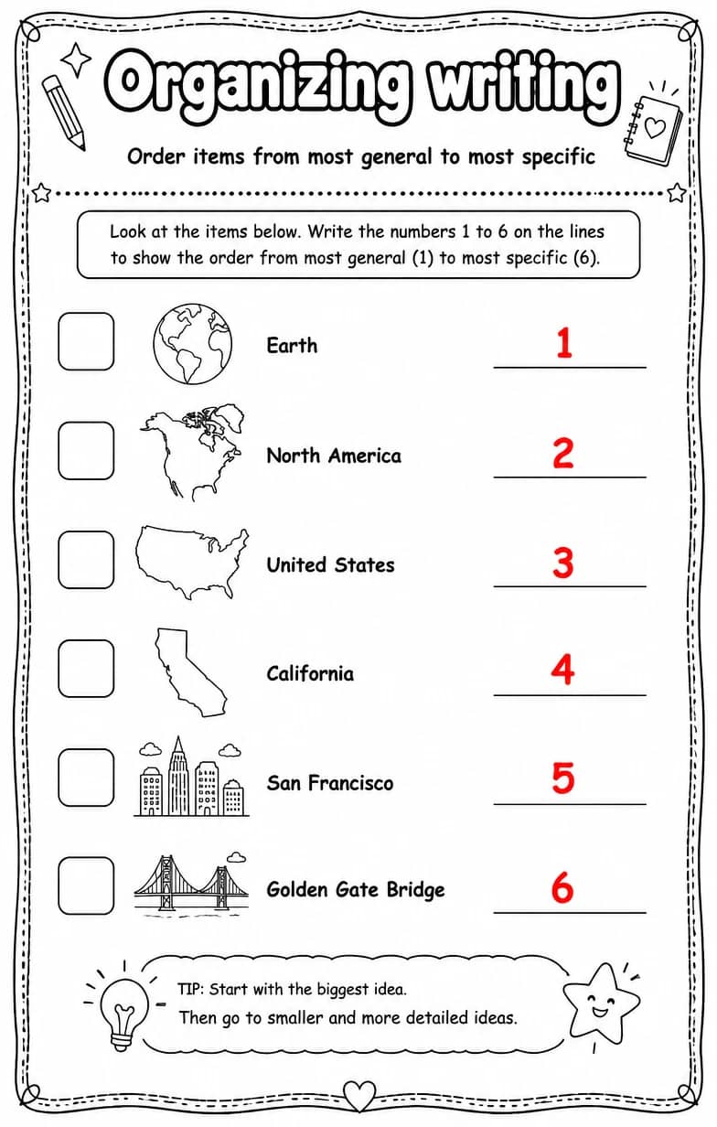 Answer key for Order items from most general to most specific — free printable English & Reading worksheet