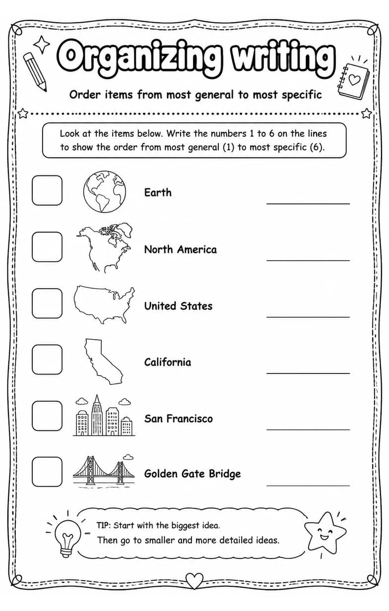 Order items from most general to most specific — free printable Writing strategies English worksheet