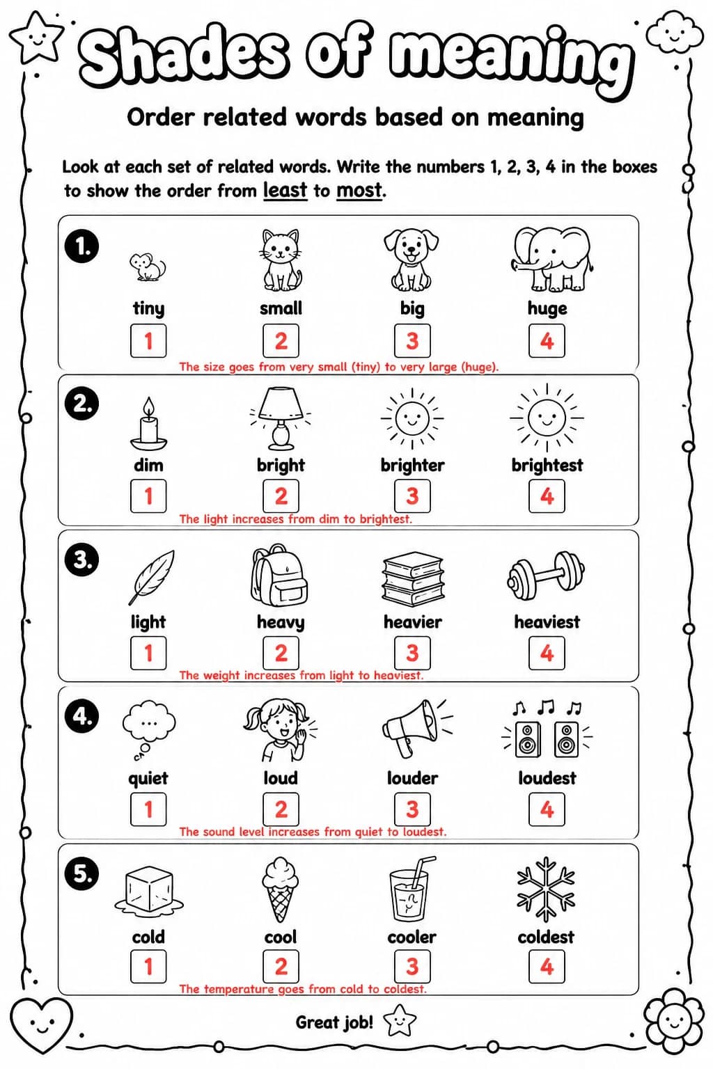 Answer key for Order related words based on meaning — free printable English & Reading worksheet