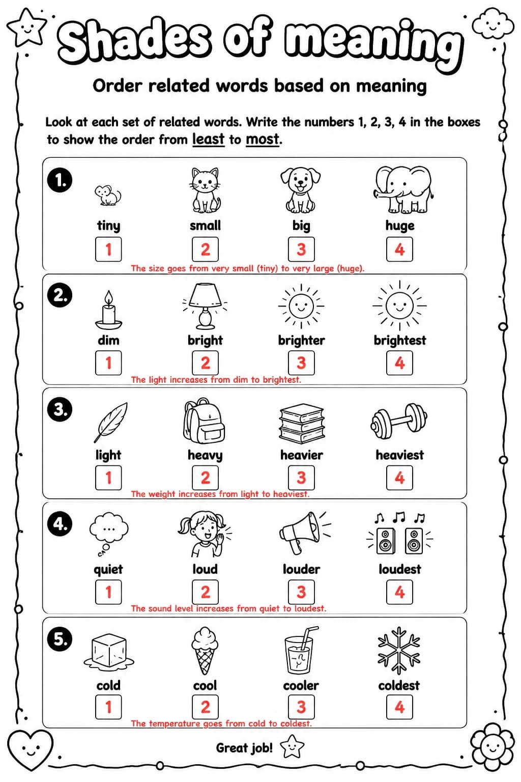 Answer key for Order related words based on meaning — free printable English & Reading worksheet