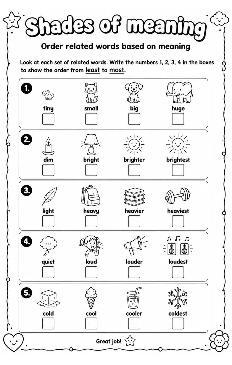 Order related words based on meaning — free printable Grade 1 English & Reading worksheet