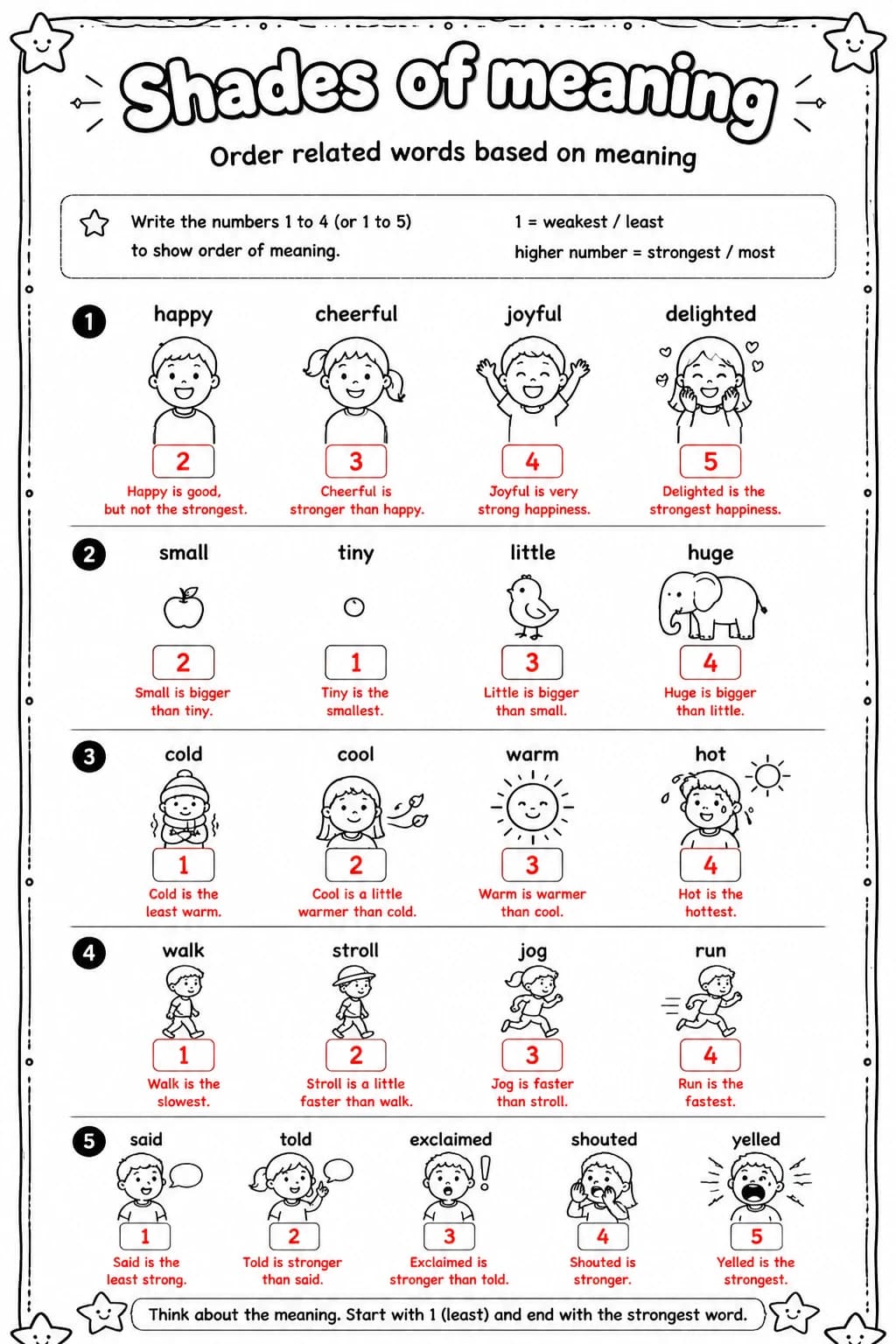 Answer key for Order related words based on meaning — free printable English & Reading worksheet