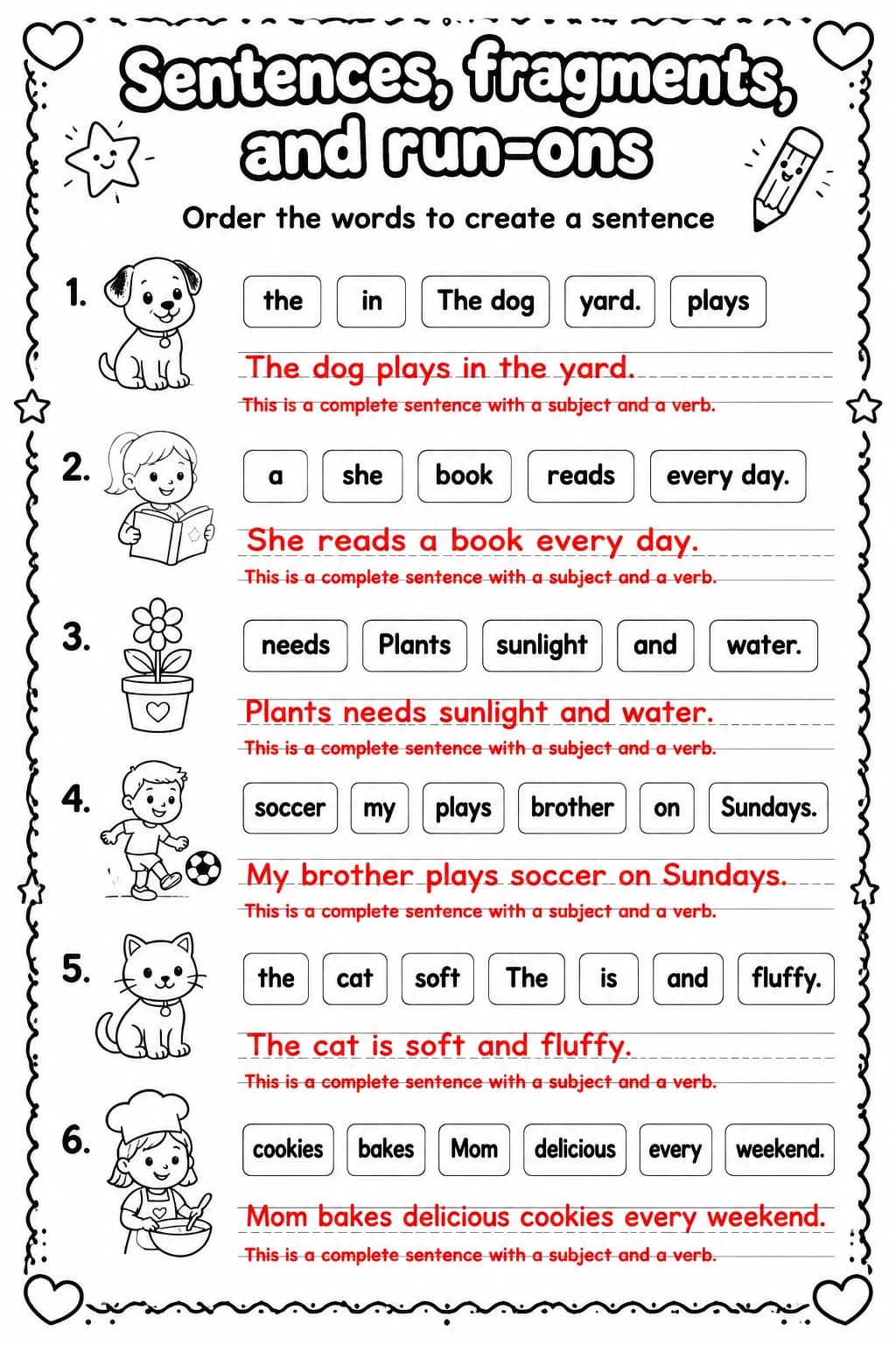 Answer key for Order the words to create a sentence — free printable English & Reading worksheet