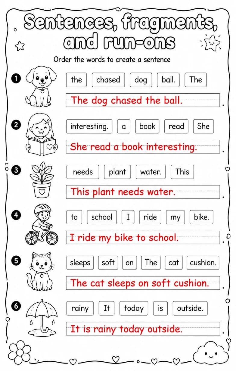 Answer key for Order the words to create a sentence — free printable English & Reading worksheet