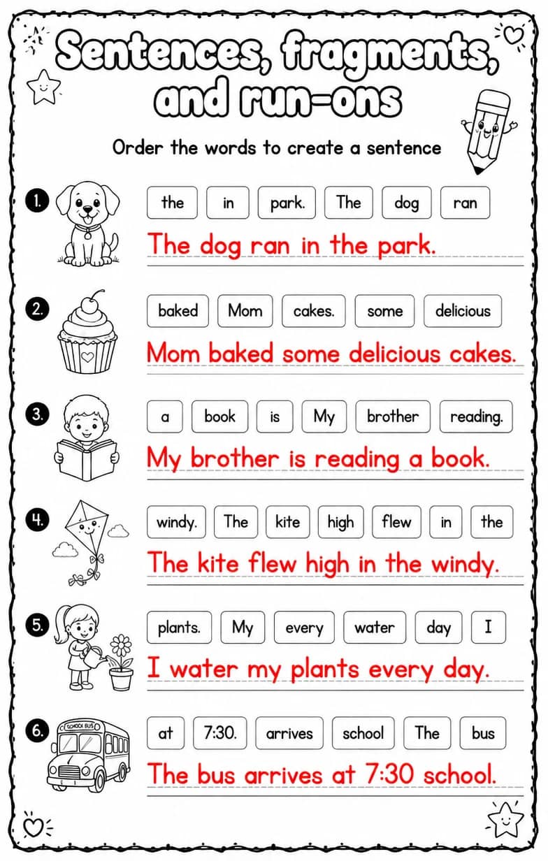 Answer key for Order the words to create a sentence — free printable English & Reading worksheet