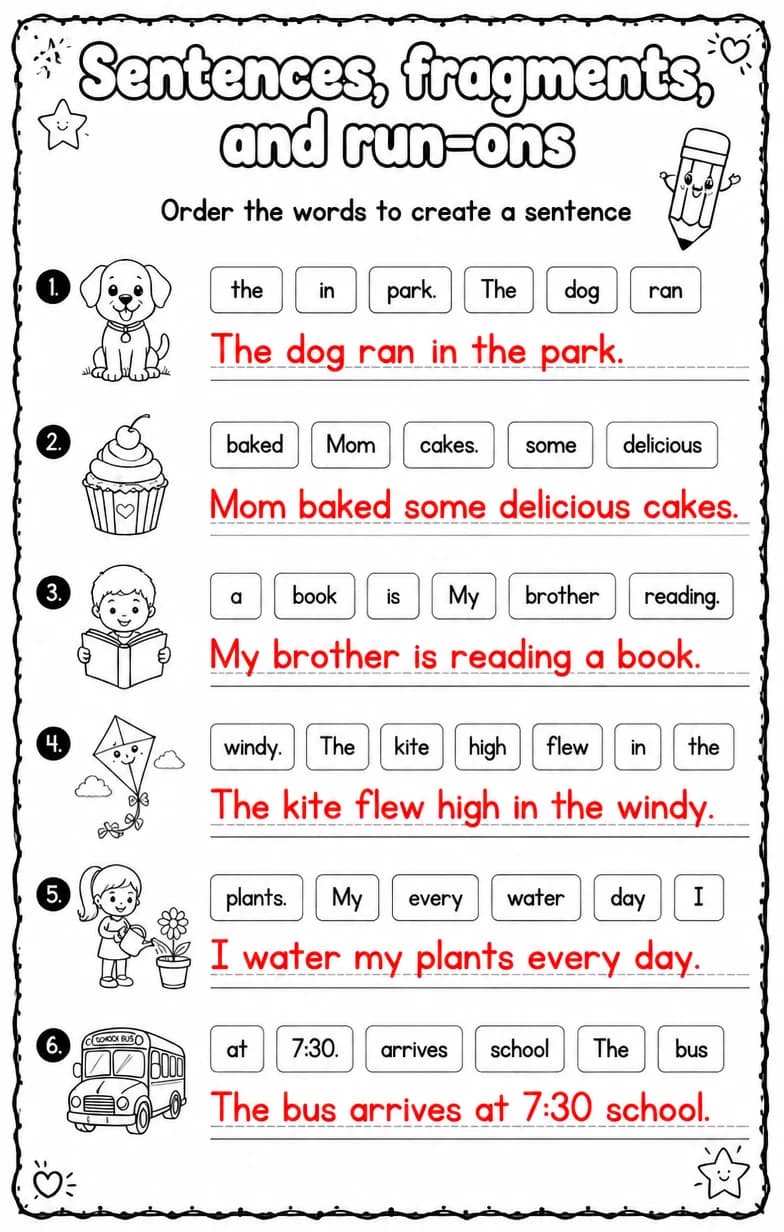 Answer key for Order the words to create a sentence — free printable English & Reading worksheet