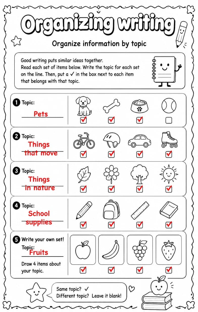 Answer key for Organize information by topic — free printable English & Reading worksheet