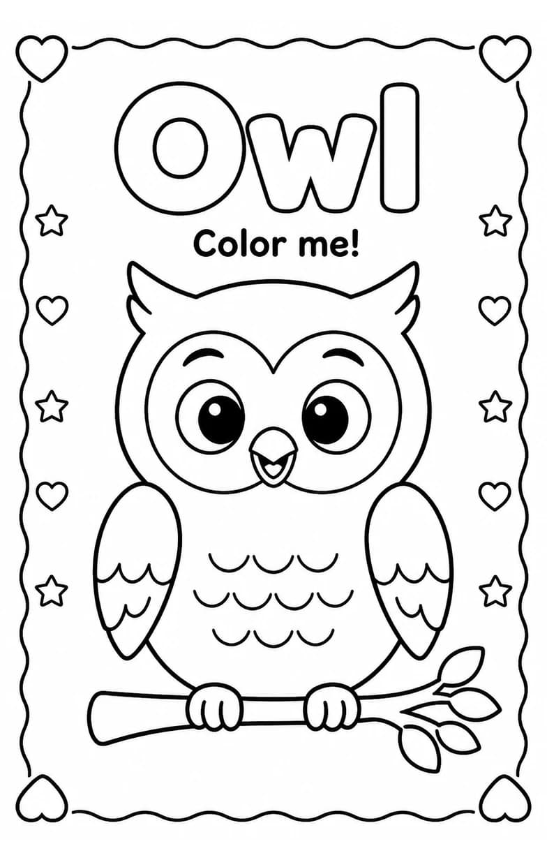 Owl Coloring Pages — free printable Kindergarten Art worksheet