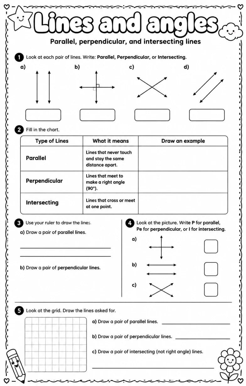 Parallel, perpendicular, and intersecting lines — free printable Grade 3 Math worksheet