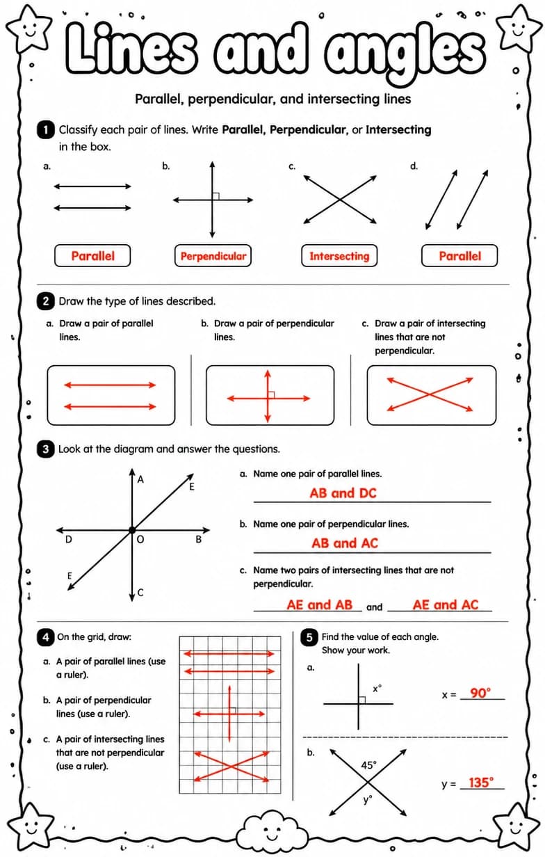 Answer key for Parallel, perpendicular, and intersecting lines — free printable Math worksheet