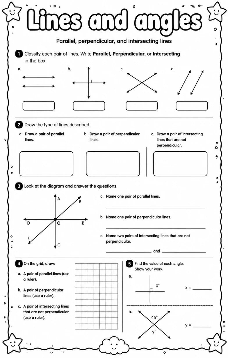 Parallel, perpendicular, and intersecting lines — free printable Grade 4 math worksheet