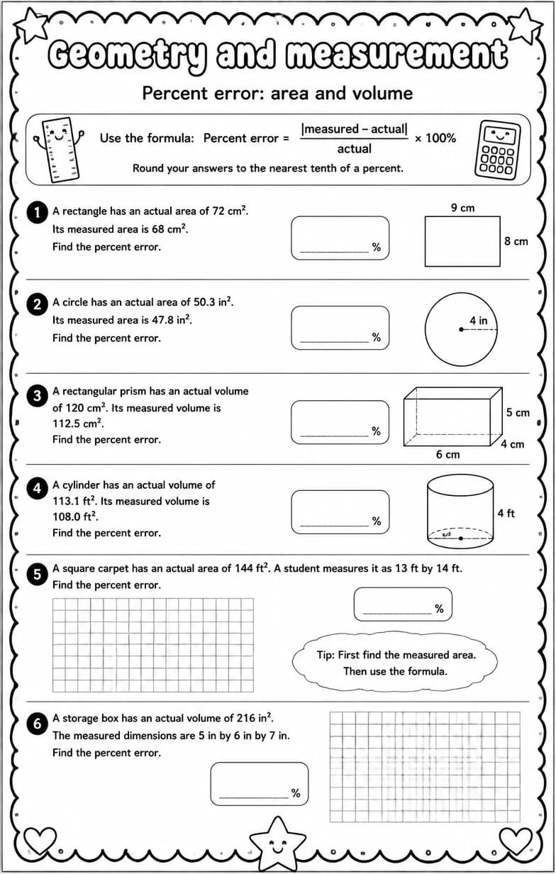 Percent error: area and volume — free printable Algebra 1 math worksheet