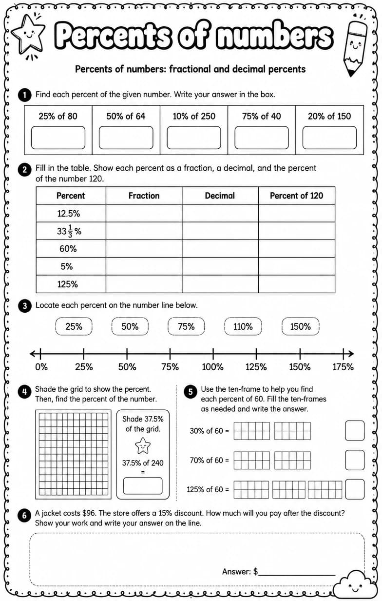 Percents of numbers: fractional and decimal percents — free printable Grade 6 math worksheet