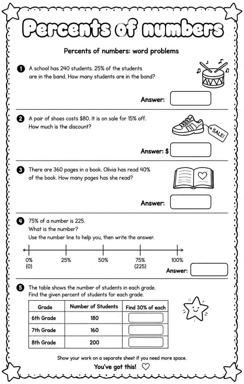 Percents of numbers: word problems — free printable Grade 6 math worksheet
