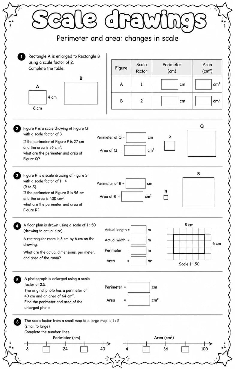 Perimeter and area: changes in scale — free printable Grade 7 math worksheet