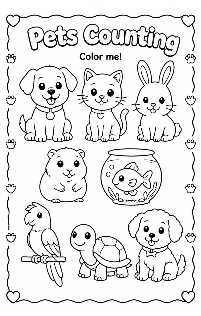 Pets Counting Coloring Page — free printable Preschool Math worksheet