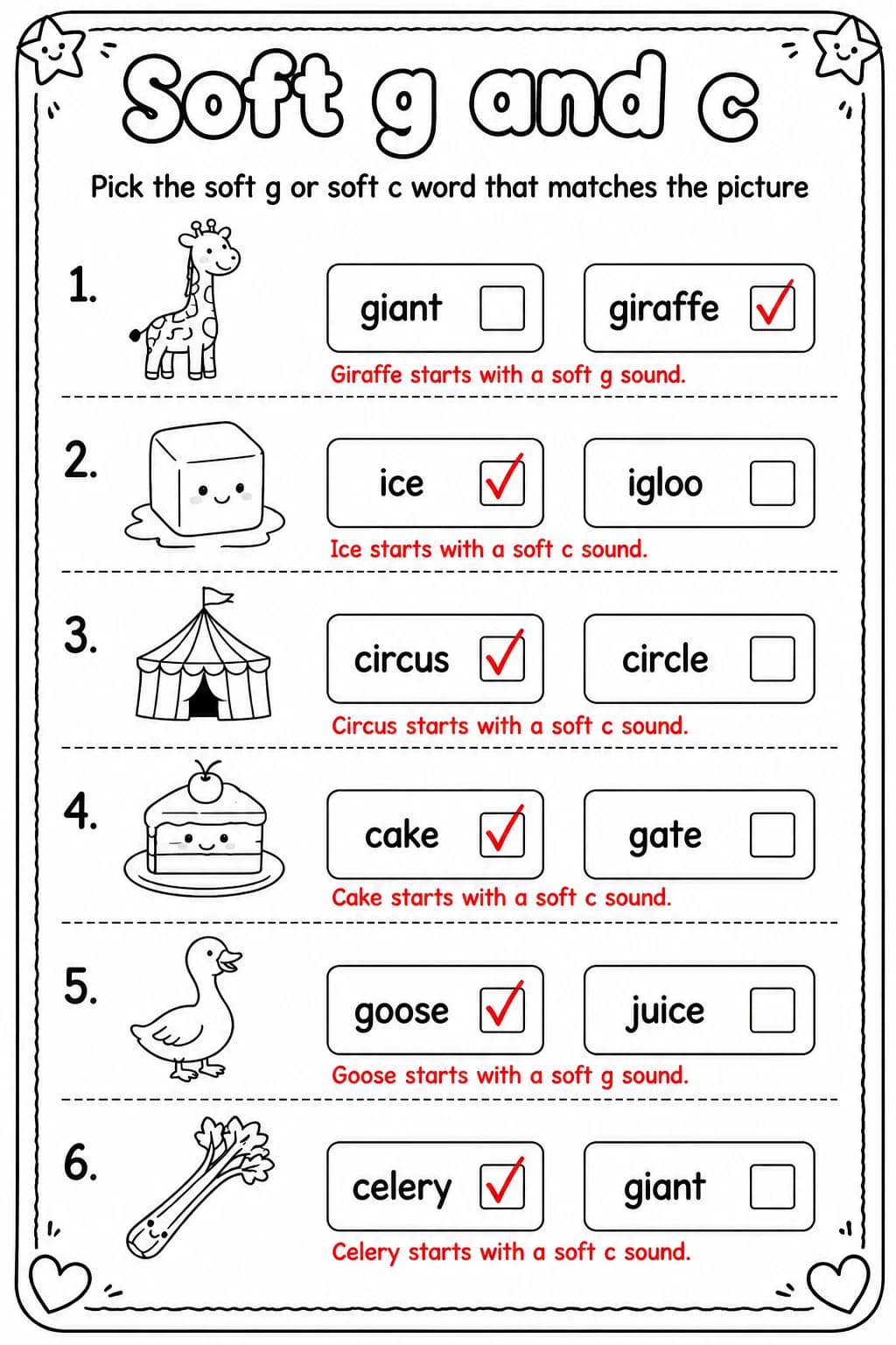Answer key for Pick the soft g or soft c word that matches the picture — free printable English & Reading worksheet