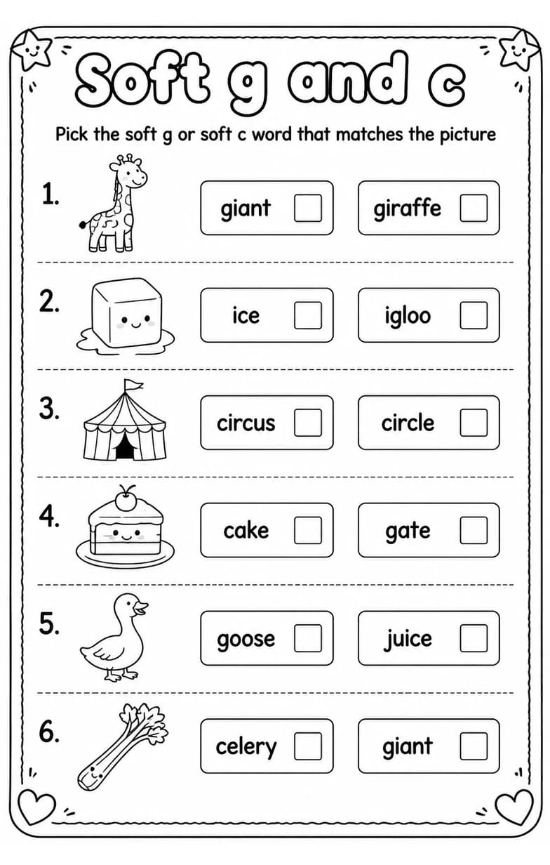 Pick the soft g or soft c word that matches the picture — free printable Reading foundations English worksheet