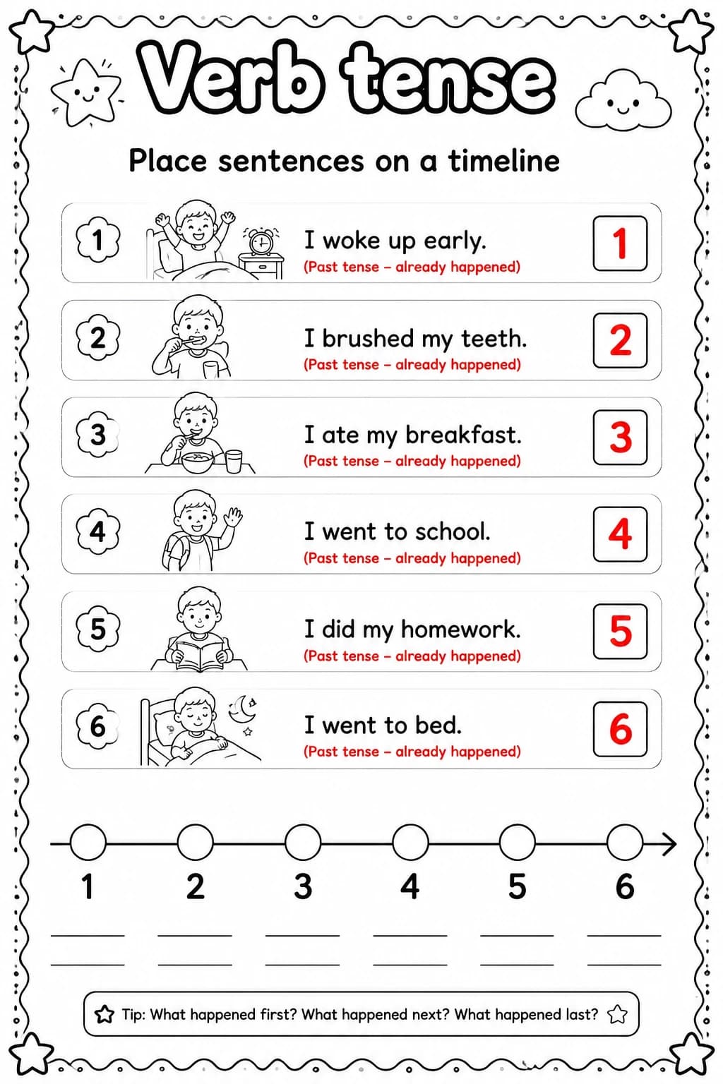 Answer key for Place sentences on a timeline — free printable English & Reading worksheet