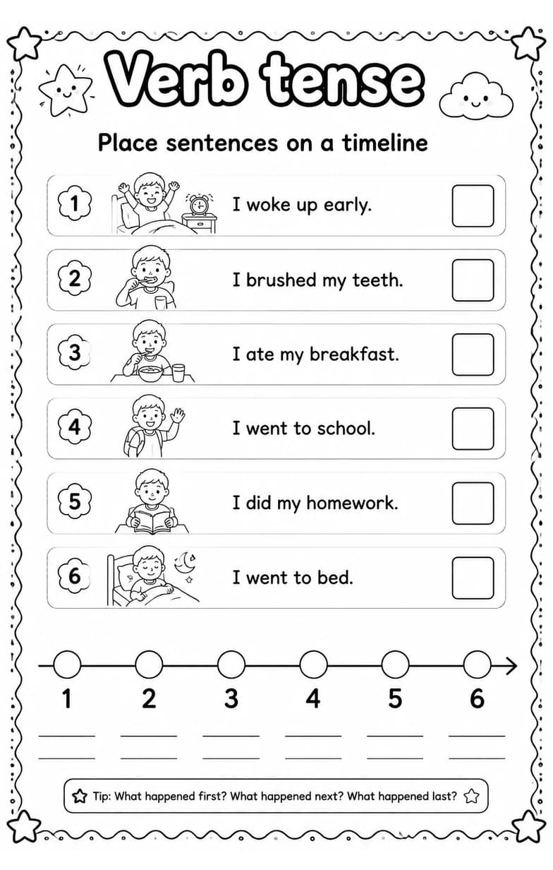 Place sentences on a timeline — free printable Grade 1 English & Reading worksheet