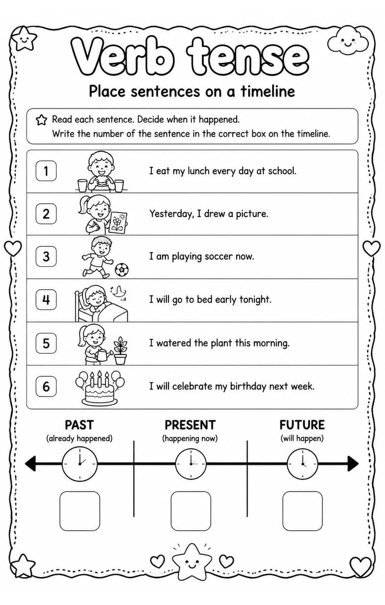 Place sentences on a timeline — free printable Grade 2 English & Reading worksheet
