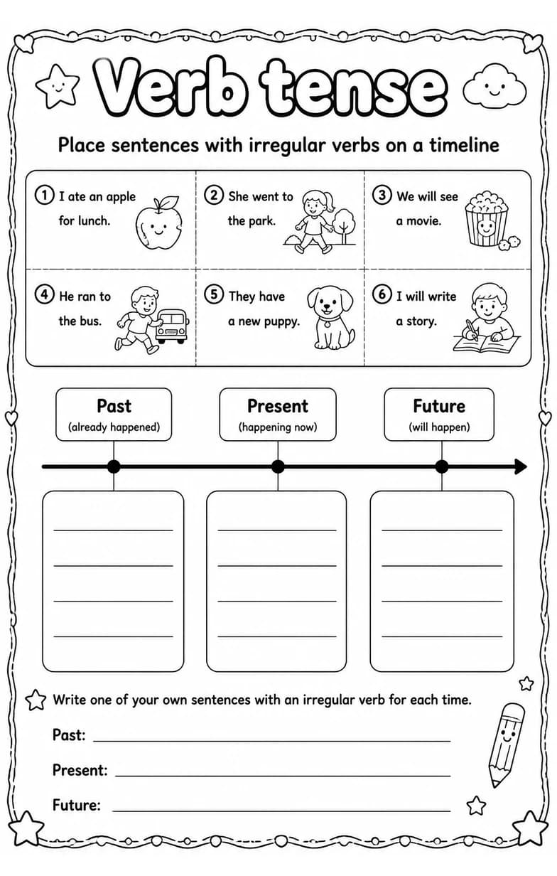 Place sentences with irregular verbs on a timeline — free printable Grade 1 English & Reading worksheet