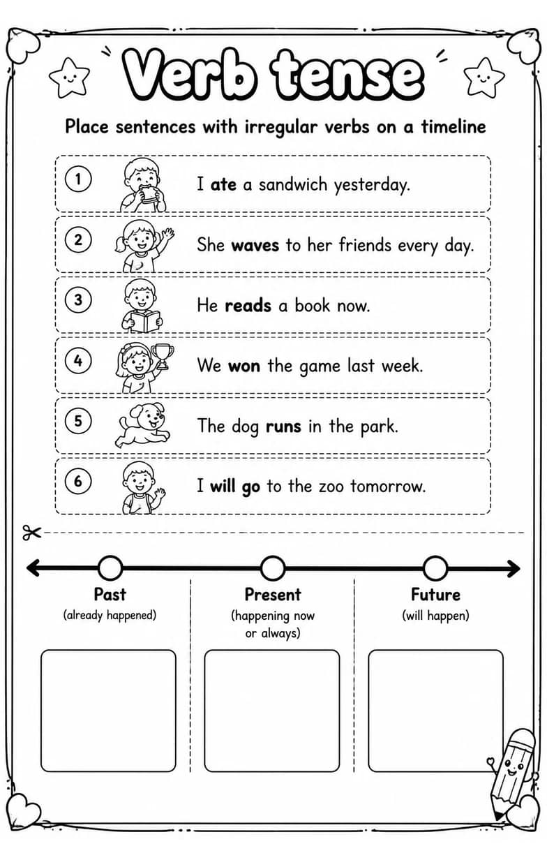 Place sentences with irregular verbs on a timeline — free printable Grammar and mechanics English worksheet