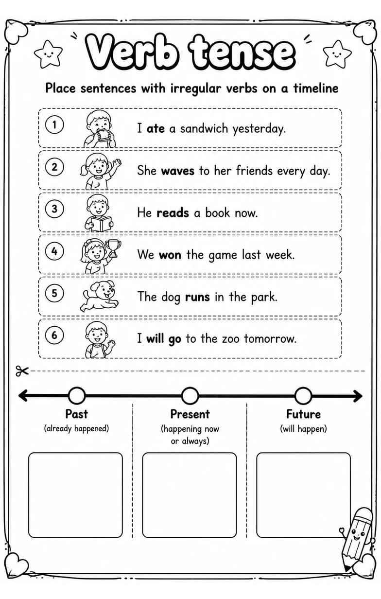 Place sentences with irregular verbs on a timeline — free printable Grade 2 English & Reading worksheet