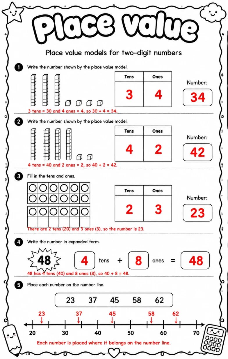 Answer key for Place value models for two-digit numbers — free printable Math worksheet