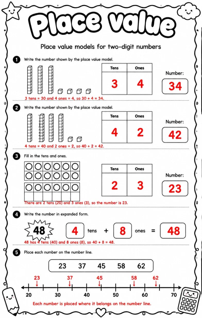 Answer key for Place value models for two-digit numbers — free printable Math worksheet