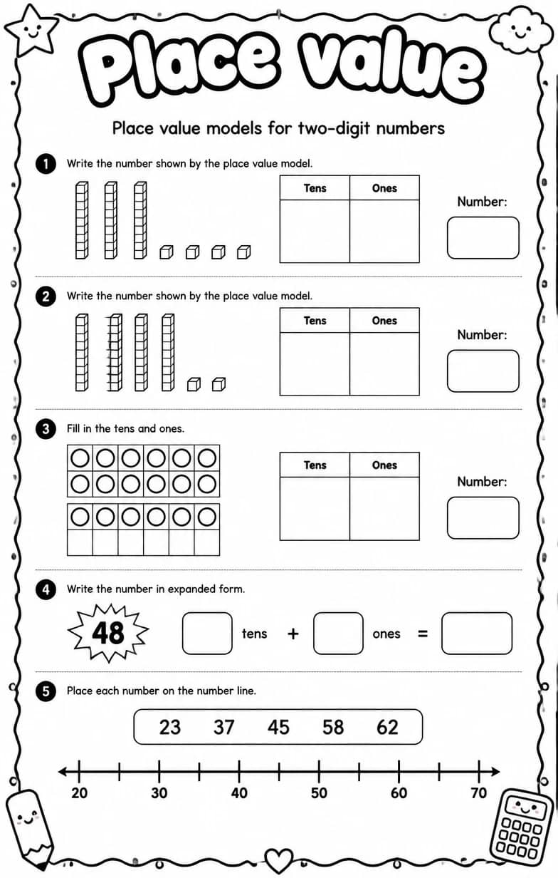 Place value models for two-digit numbers — free printable Grade 1 math worksheet
