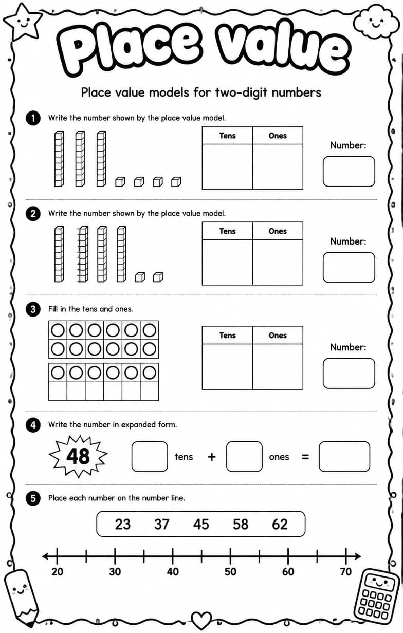 Place value models for two-digit numbers — free printable Grade 1 math worksheet